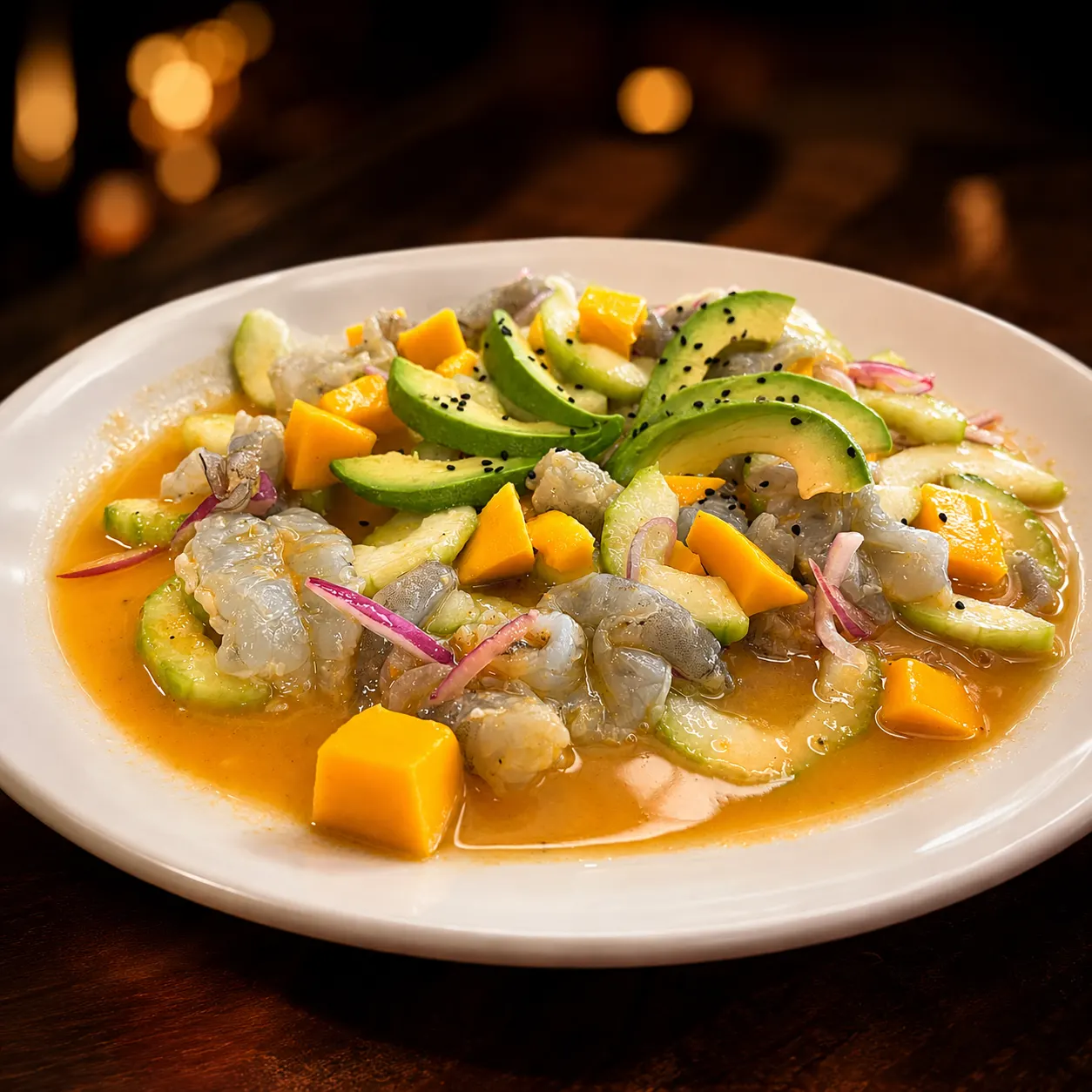 Aguachile de mango con camarón y habanero en Mariscos Muelle 27, Querétaro