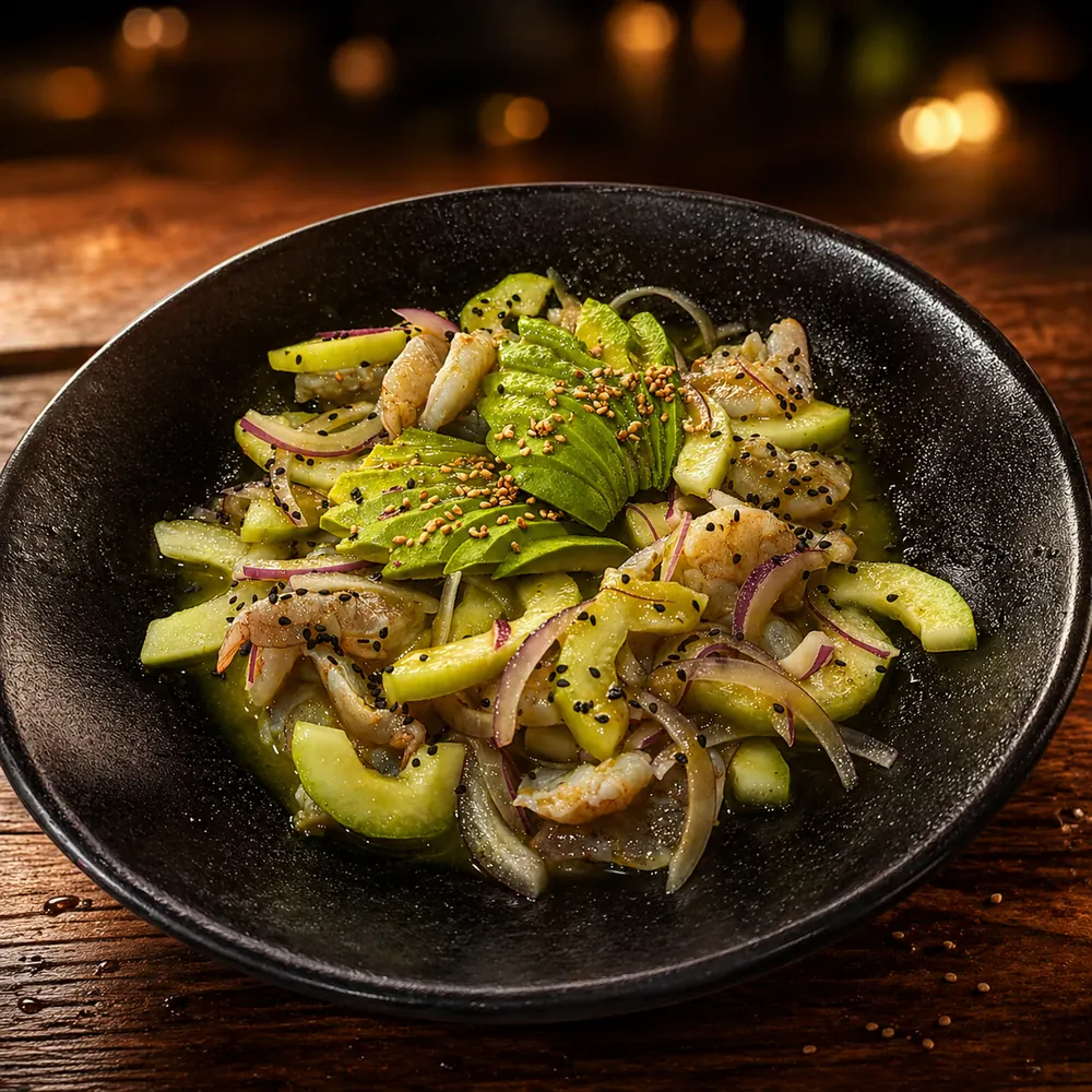 Aguachile verde de camarón fresco en Mariscos Muelle 27, Querétaro