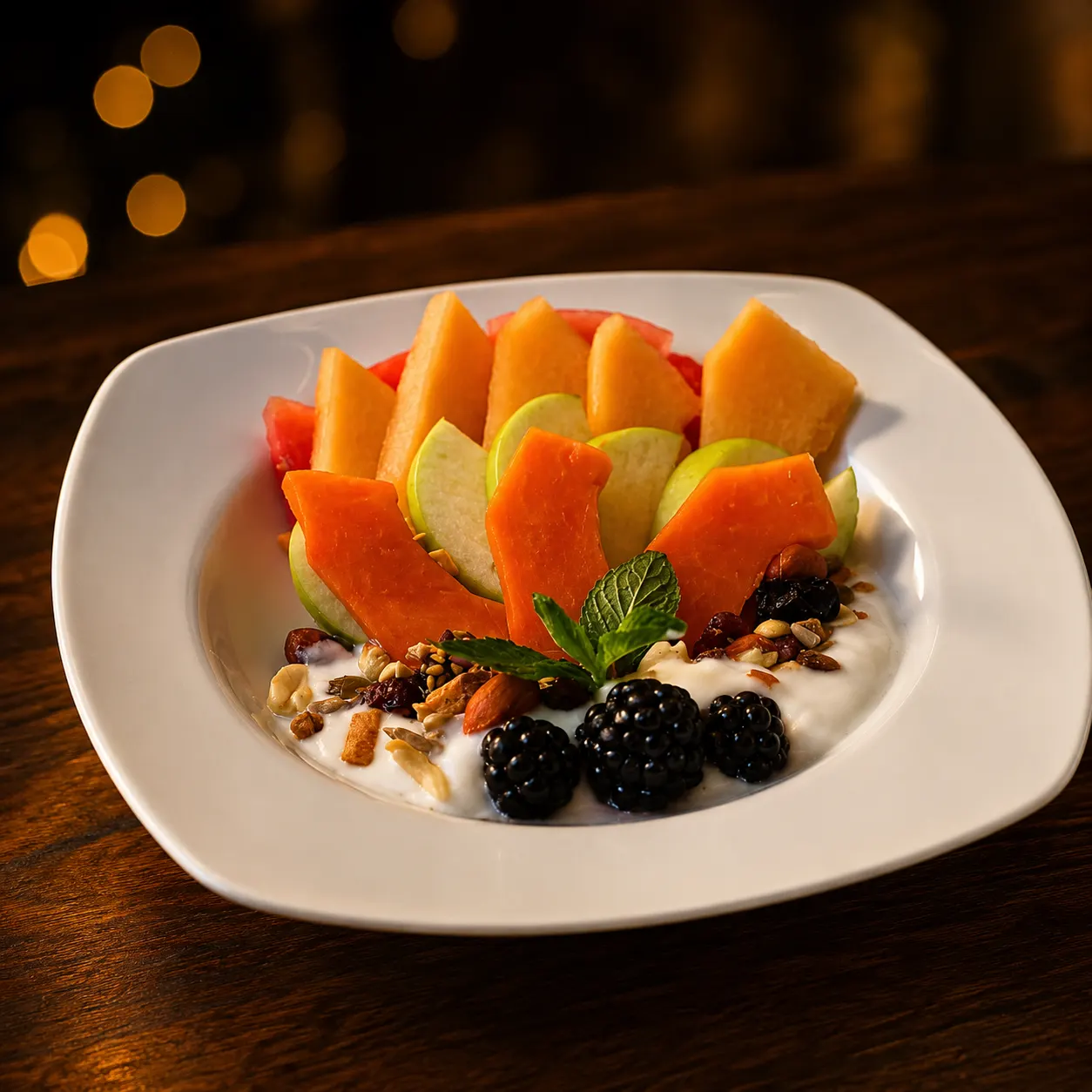 Coctel de fruta fresca con yogurt y granola del desayuno en Mariscos Muelle 27, Querétaro
