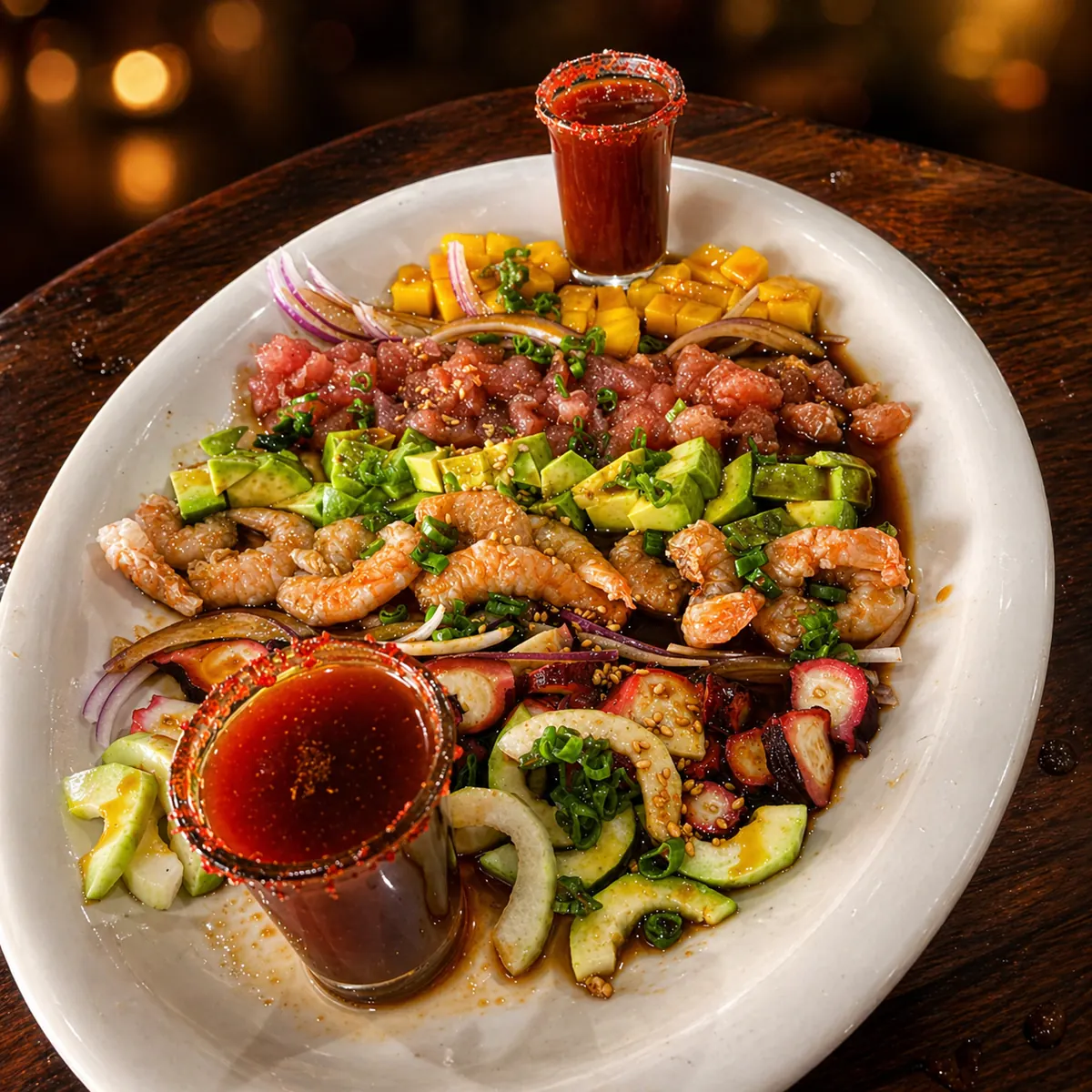 Mariscada fría con atún, camarón crudo y cocido, pulpo, mango y aguacate — Mariscos Muelle 27, Querétaro