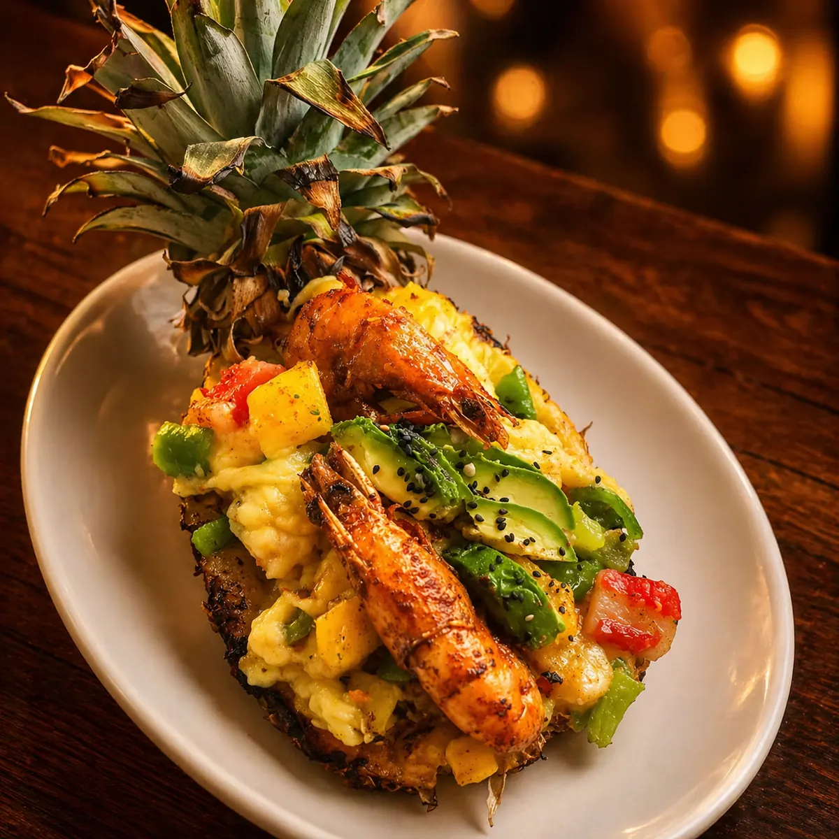 Piña rellena de mariscos y pimientos gratinada con queso — Mariscos Muelle 27, Querétaro