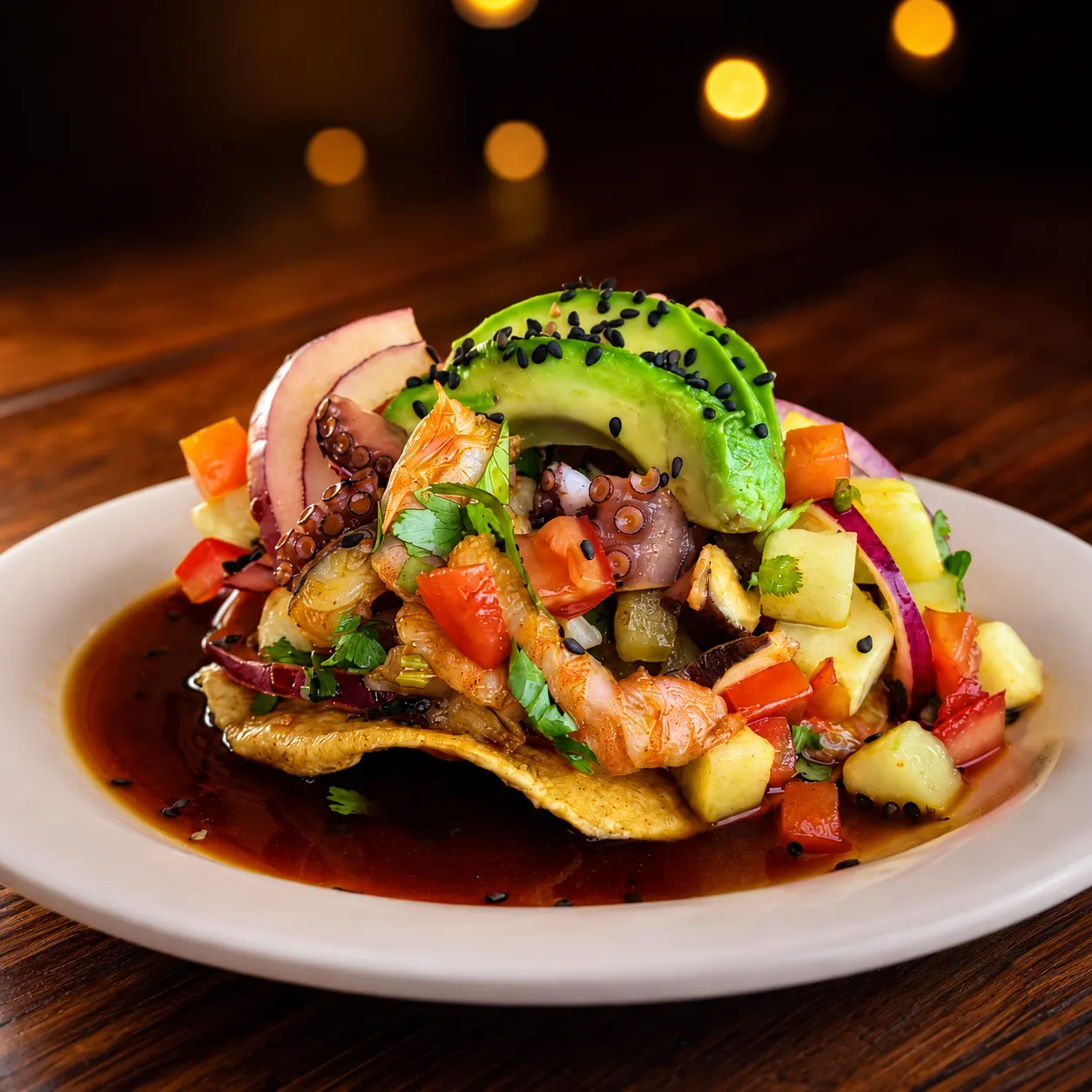 Tostada de camarón y pulpo con aguacate en Mariscos Muelle 27, Querétaro